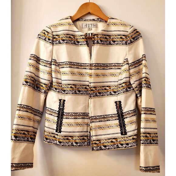 Tahari Open Blazer Jacket 2P Arthur S. Levine Woven Cream/Black/Gold Fringe Edge - Picture 2 of 10